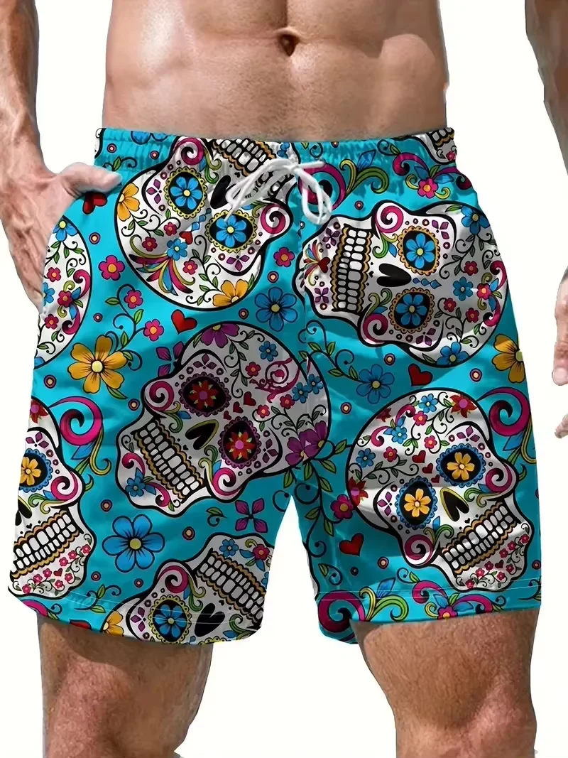 Men's Casual Fashion Digital Print Quick-Dry Shorts Pools Gyms Outdoor Sports Activities Mexican Skull Floral Seaside Beaches