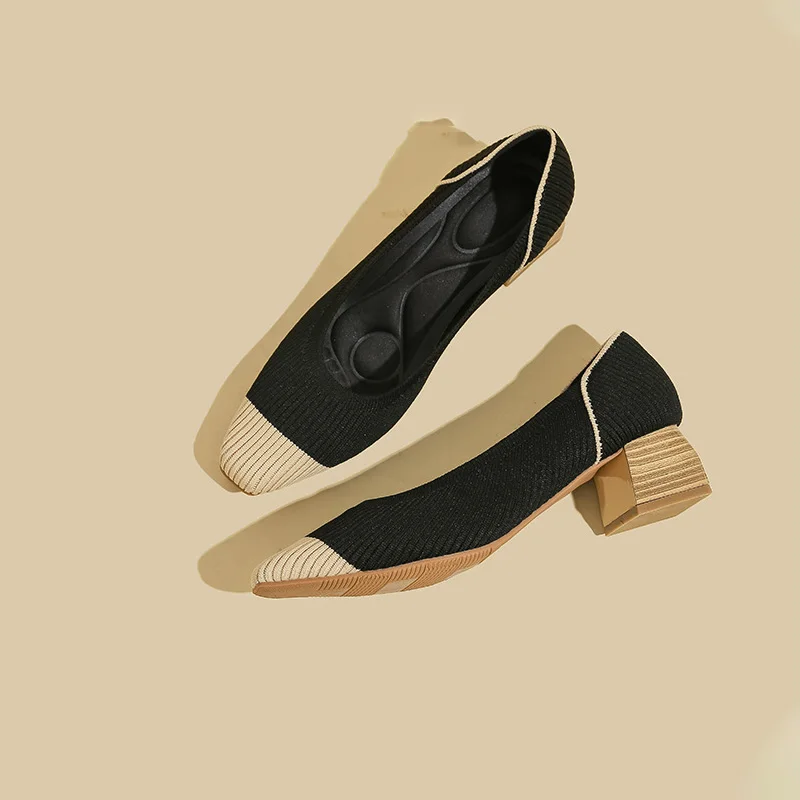 Women shoes Fashion High Heels Elastic Knitted Breathable Square Toe Latex Sweat-absorbing insole Non slip Rubber Sole New 2023
