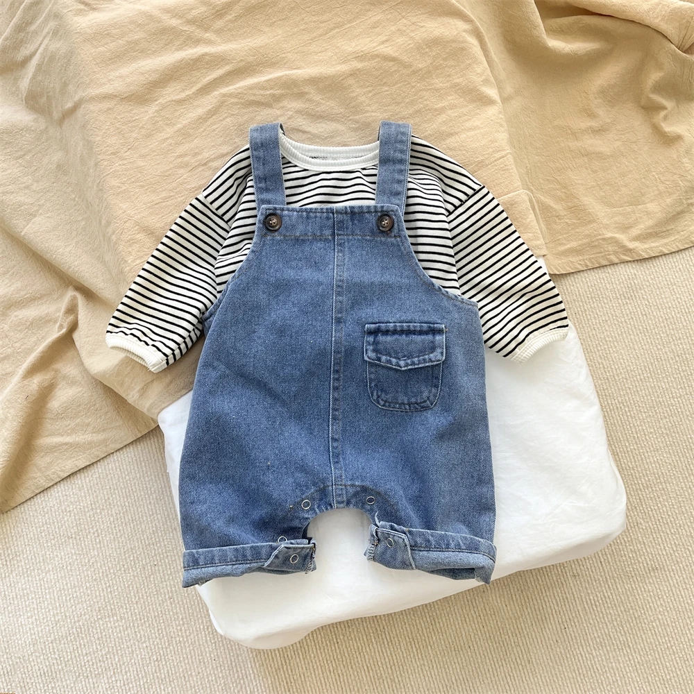 Spring And Autumn Newborn Baby Boys Suspender Simple Trousers Solid Adjustable Denim Korean Cute Fashion Soft Casual