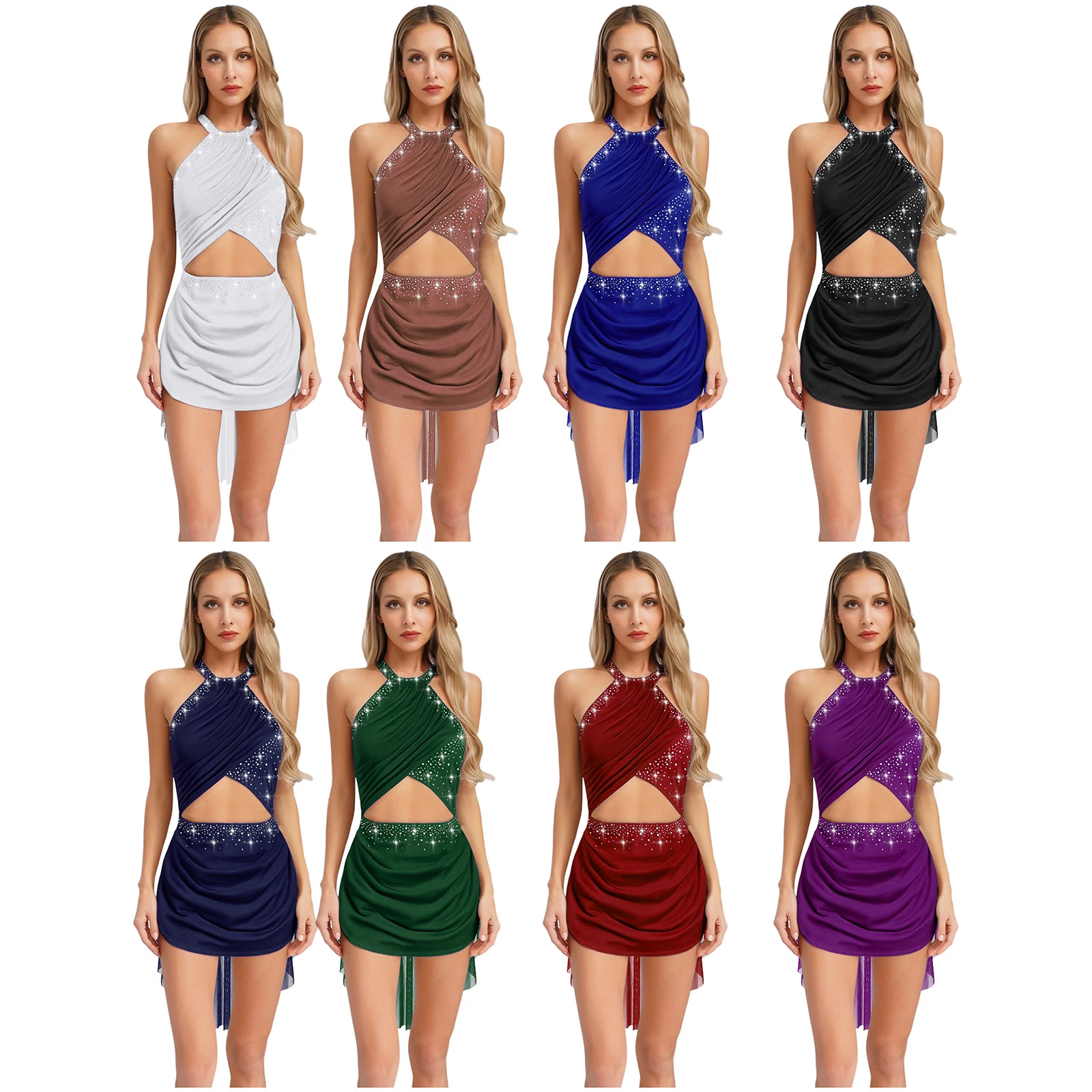 Abito da ballo lirico per balletto da donna, senza maniche, senza schienale, in rete, con strass, ginnastica, design scintillante senza schienale per la danza moderna