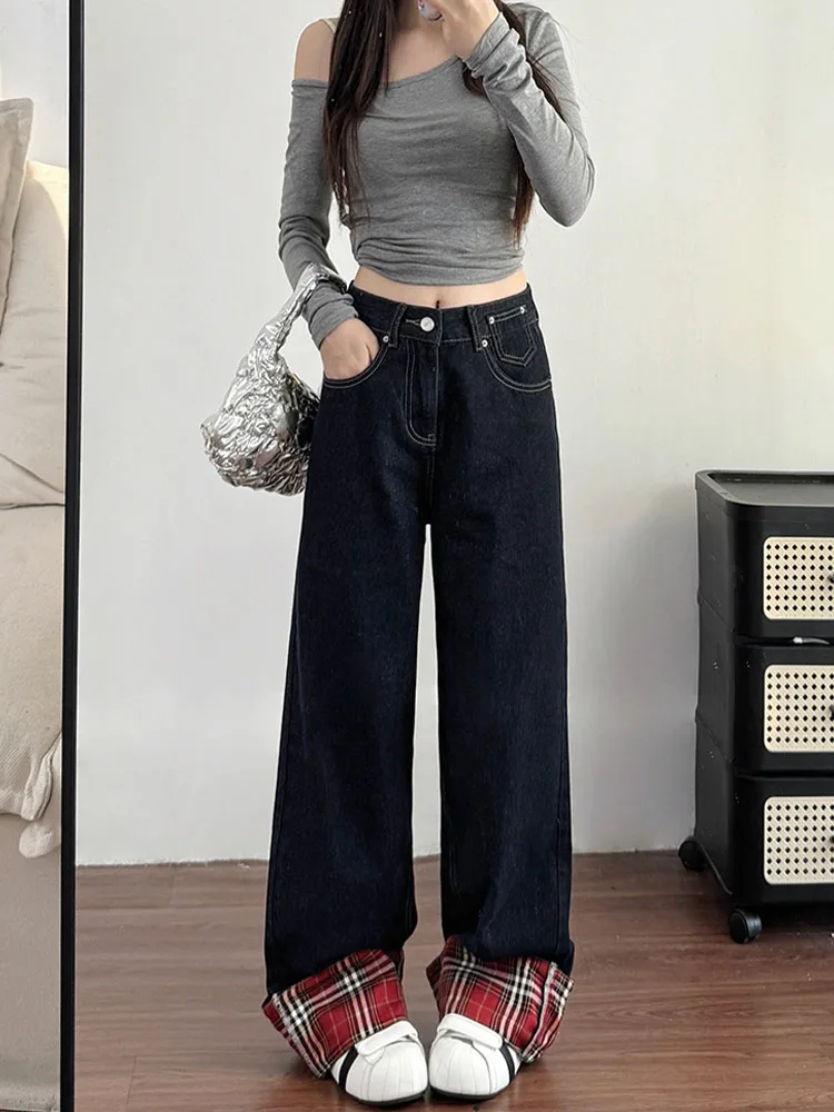 

Женские джинсы Deep Blue в клетку с отворотами, весна-осень, большие размеры, свободные, прямые, широкие штанины, повседневные, с высокой талией