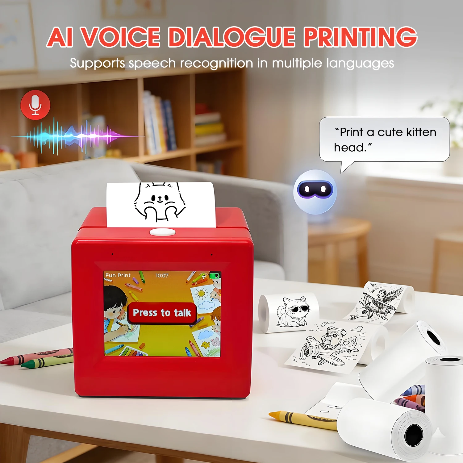 AI Voice Printer - Portable Touchscreen Thermal Printer, Instant Printing for Office/Study, Speech Recognition, App Control.