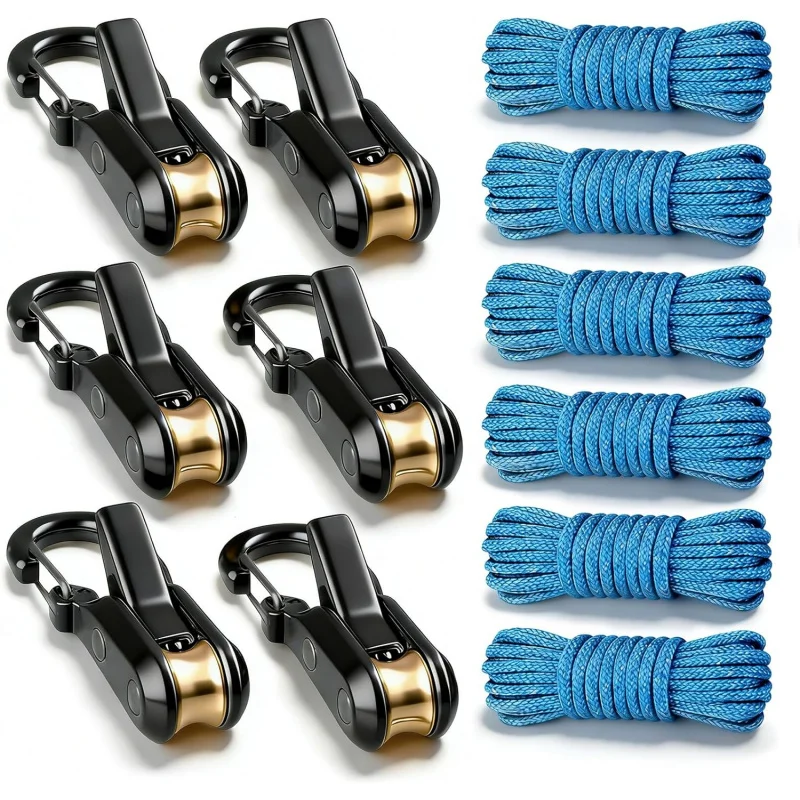 Kit com 6 Tensores de Corda com Rolo, Fivela Ajustável Reforçada para Barracas de Camping, Toldos, Barcos, Caiaques, Lonas e Roupas
