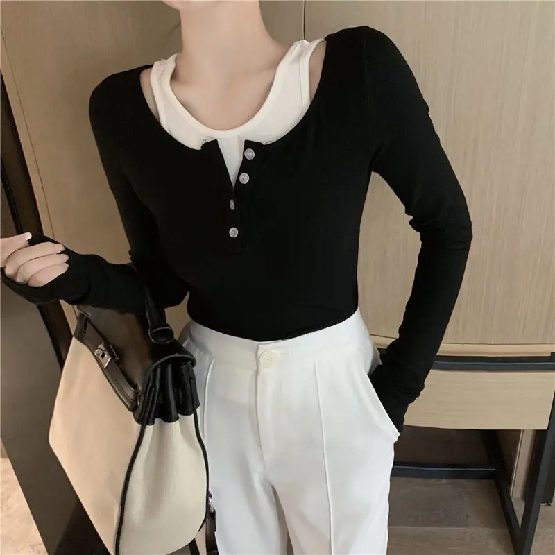 Damskie t-shirty, sztuczne, dwuczęściowe, stylowe, w stylu Retro, seksowne, dla kobiet, w stylu Harajuku, na co dzień, na wiosnę i jesień, Ulzzang,