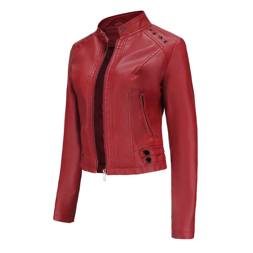 Women's Rivet PU zipper Leather Coat, Black Motorcycle Jacket, Standing Collar, Korean Punk Rock Fashion, Autumn and Winter