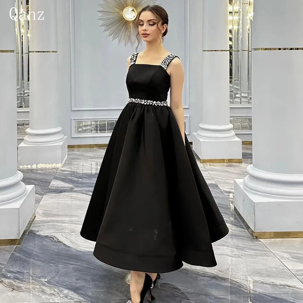 

Qanz Vintage Black A-line Vestidos Elegantes Para Mujer Evening Dresses Satin Straps Sparky Crystals Beadings Robes De Soirée