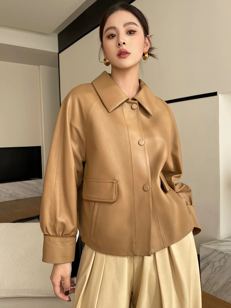 

High-end Solid Simple Genuine Leather Jacket for Women 2024 New Trend Loose-fit Casual Short Soft Real Sheepskin Coat