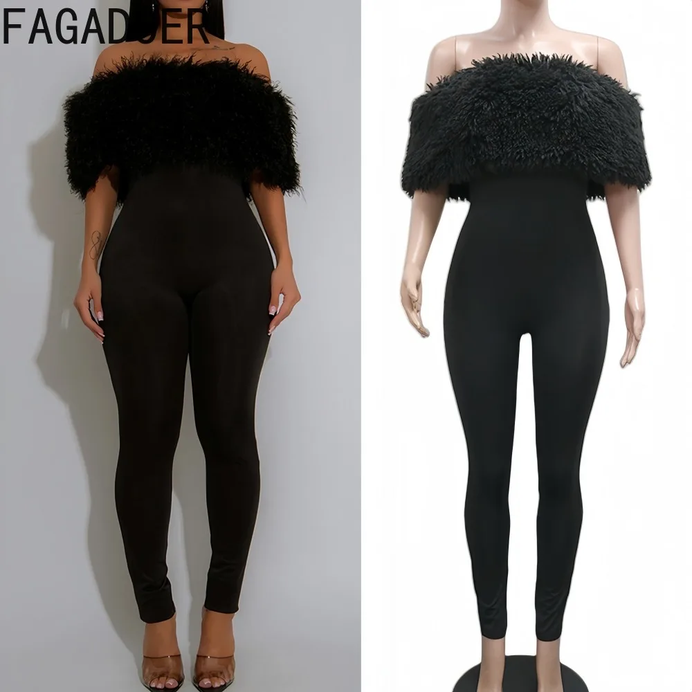 

FAGADOER Sexy Fur Patchwork Bodycon Jumpsuits Women Solid Color Off Showlder Backless Rompers Female Streetwear Overalls 2025