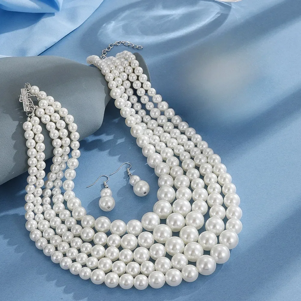 Multi-layer Pearl Necklace Earring Women Versatile Fashion Accessories Personalized Bride Wedding Jewelry Set Charm Exaggerated