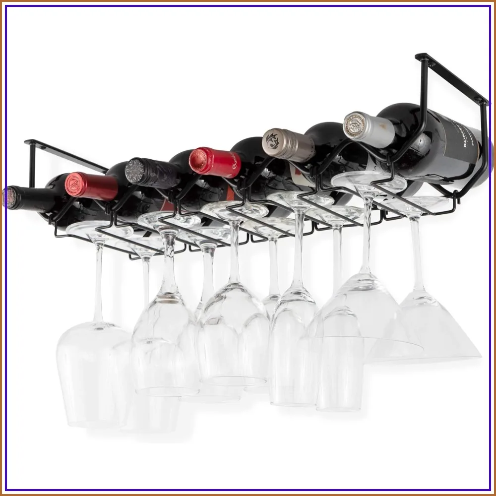 Under Cabinet Wine Rack & Glasses Holder, 6-Bottle Metal Kitchen Organizer, Black