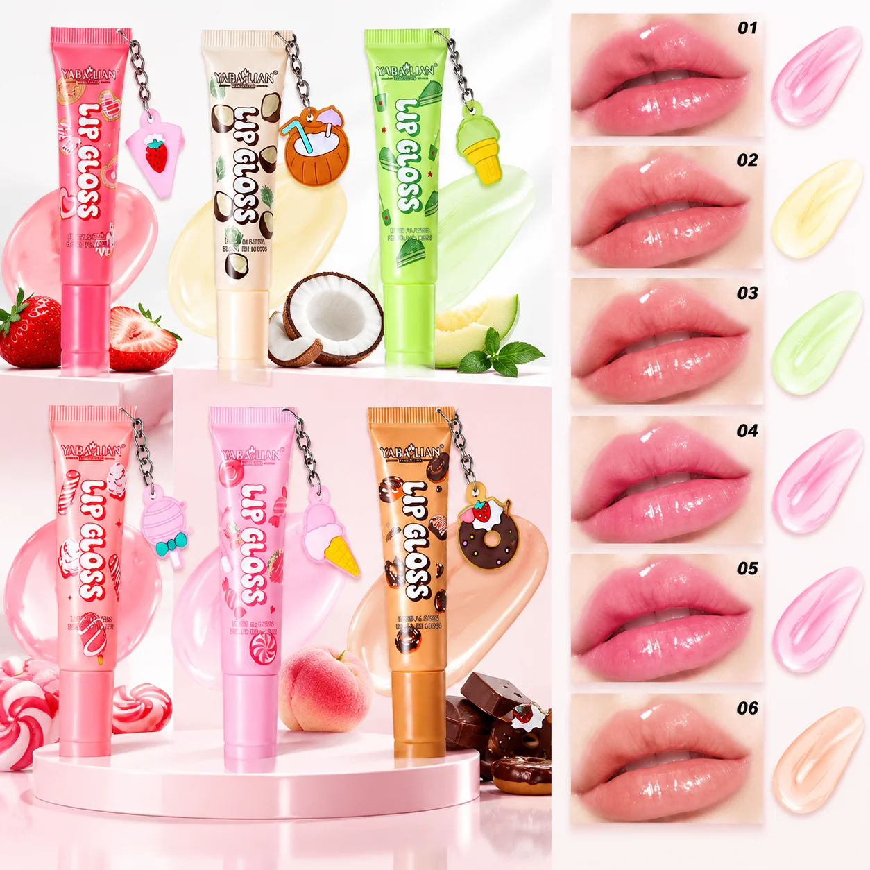 1/2pcs Random Dessert Fruit Keychain Lip Gloss, Mirror Shine Lip Glaze, Moisturizing Lip Cosmetics With Cute Hanging Pendant