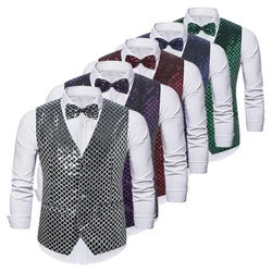 2024 New Autumn Winter Fashion Shiny Sequin Suit Vest for Men, Silver/Red/Purple  Weste Herren， Chalecos Vestir Hombre Eur Size