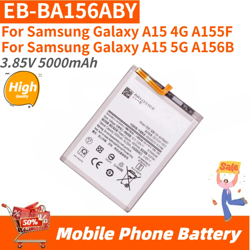 

Аккумулятор для телефона большой емкости 3,85 В 5000 мАч EB-BA156ABY для Samsung Galaxy A15 4G A155F/A15 5G A156B, новый сменный аккумулятор