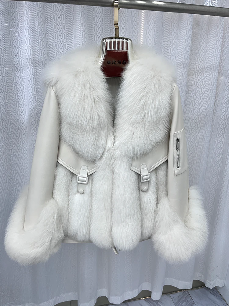 Manteau en fourrure de renard naturel pour femme, veste en duvet d'oie, cuir véritable, optique de luxe, chaud, combinaison féminine, hiver, nouveau, 2024