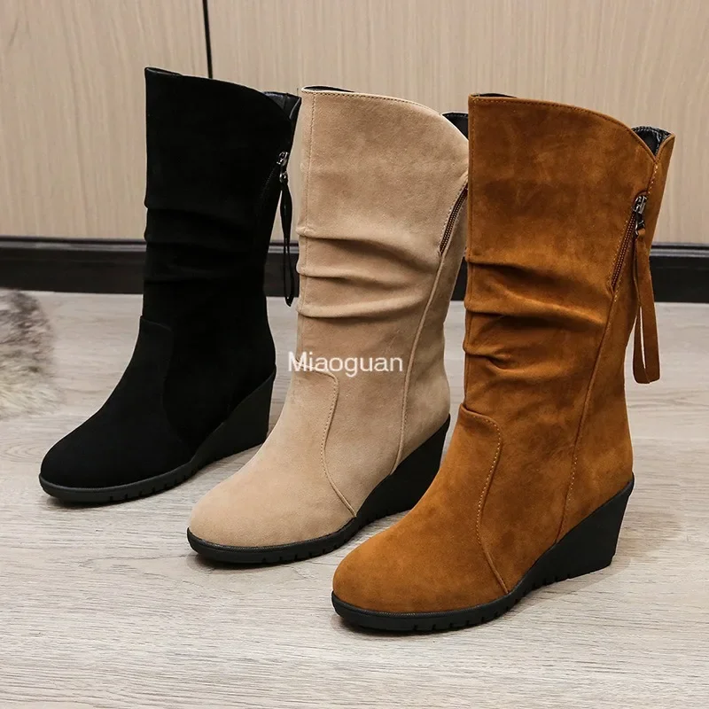 Vintage Faux Suede Wedge Ankle Boots for Women\'s 2024 Autumn Winter Warm Plush Flat Heels Short Boots Woman Slip on Cowboy Botas