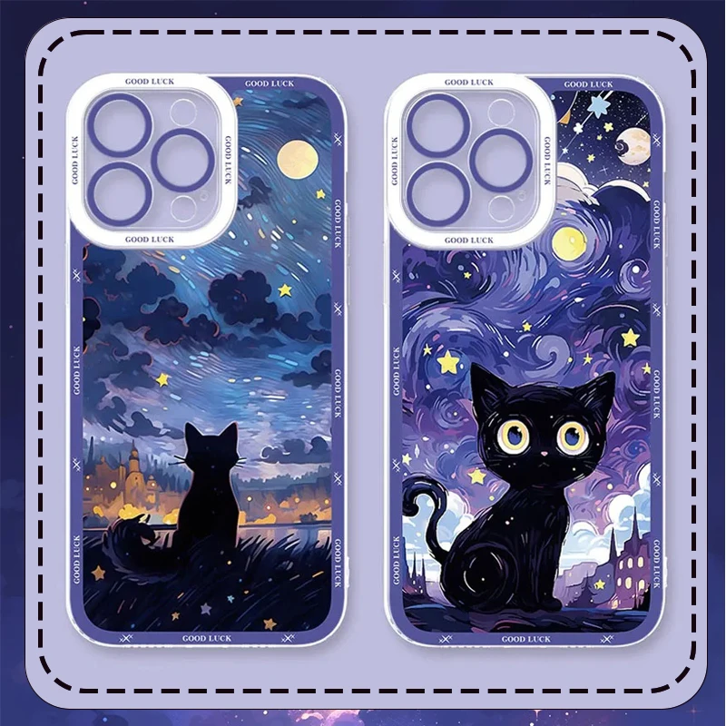 Starry Sky Black Cat Case For Xiaomi 13T 12T 11T 10T 14 13 12 11 Lite 5G NE POCO F6 X6 Pro X3 NFC X5 X4 GT F3 F4 F5 M6 M5S C65