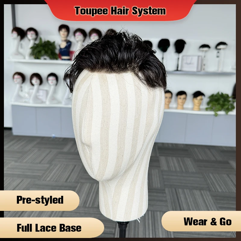 Pre Styled Full Lace Base Toupee For Men Breathable Male Prothesis Hairpieces Human Hair Replacement Systems Unit Men\'s Wig