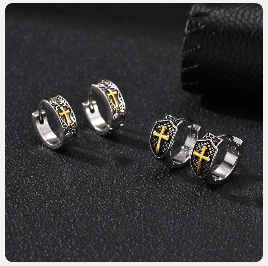 Vnox Kupfer-Schutz Rosenkreuz Huggie Hoop Ohrringe für Männer, Punk Hip Hop Gothic Zweifarbiger Ohrschmuck Religiöser Schmuck Geschenk – Detail 6