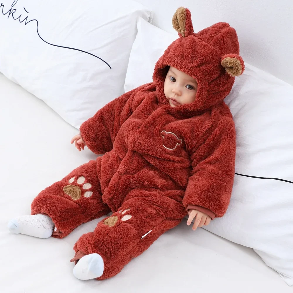 Newborn Winter Romper Bear Ear Fleece Baby Girl Boys New Born Jumpsuit Overall Infant Toddler Girl Clothes 3 6 9 Months