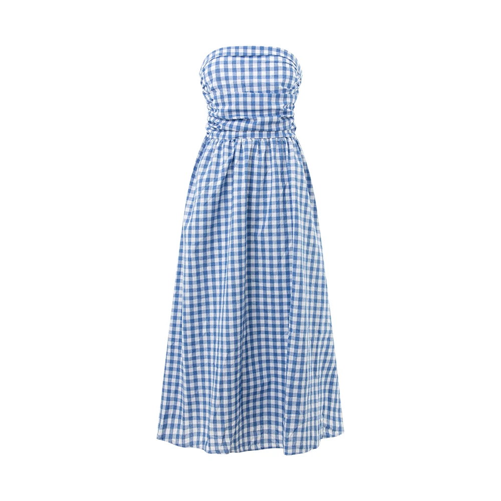 French Women Dress One Shoulder Tops Strapless Frock Female Summer Slim Fit Dress Blue And White Plaid Skirt Summer Hot Selling