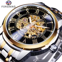 FORSINING 349 reloj mecánico para hombre, relojes de pulsera manuales de acero inoxidable negro plateado con esqueleto redondo de negocios para hombre