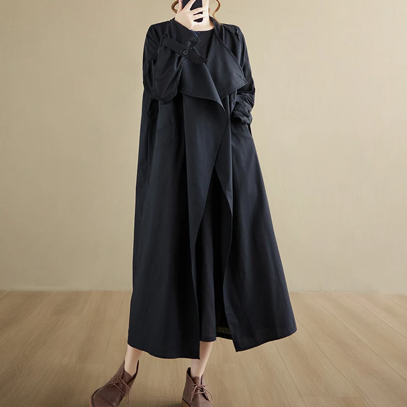 

Новое весеннее льняное длинное пальто с завязками и большим воротником, антивозрастная корейская ветровка длиной до колена, однотонная