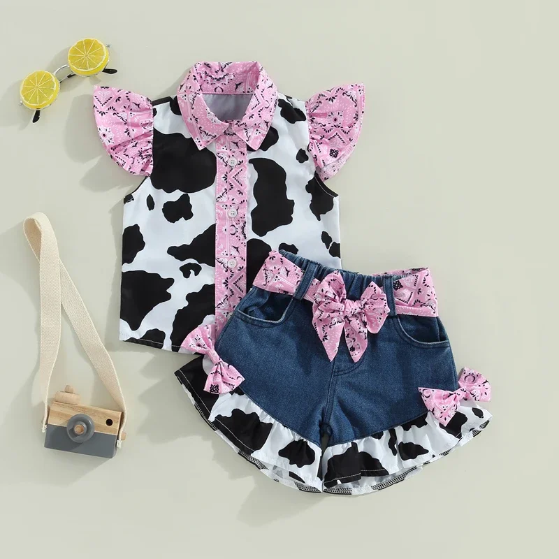 

Western Toddler Girls Denim Outfits Ruffle Sleeveless Cow Print Shirt Button Down Tops Belted Wide Leg Jeans Shorts