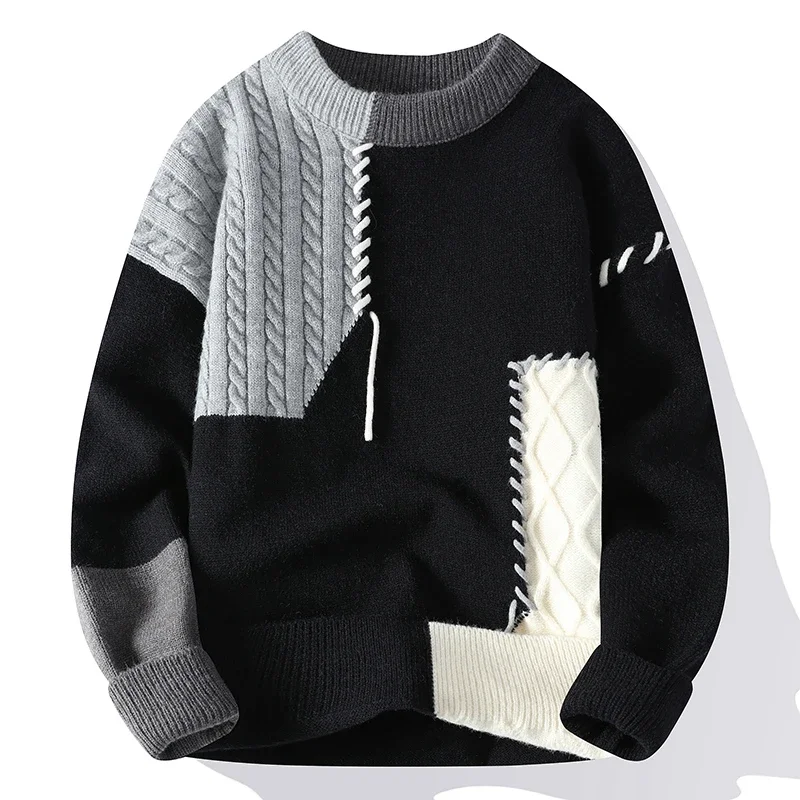 sweater Autumn and Winter New Casual Fashion Turtleneck Patchwork Harajuku Sweater Plus Size Loose Sweater Mens Clothing