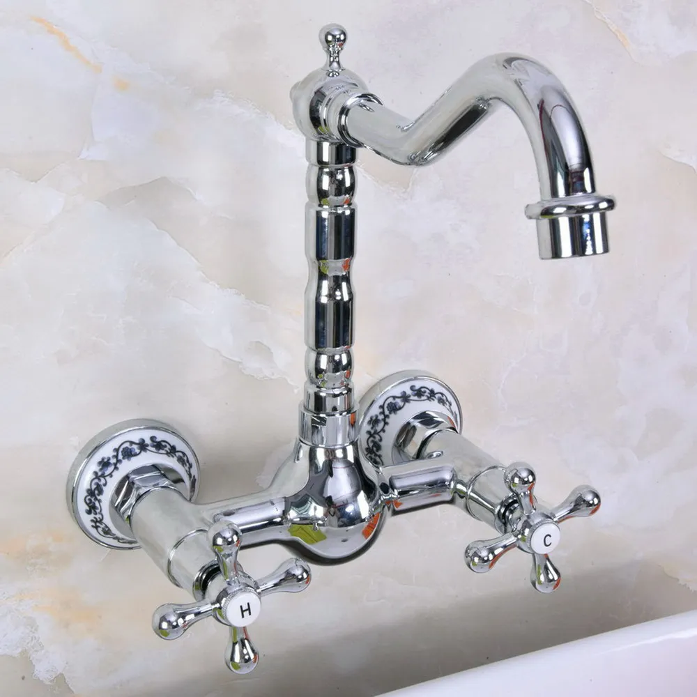 

Polished Chrome Brass Bathroom Kitchen Sink Basin Faucet Mixer Tap Swivel Spout Wall Mounted Dual Cross Handles tnf965