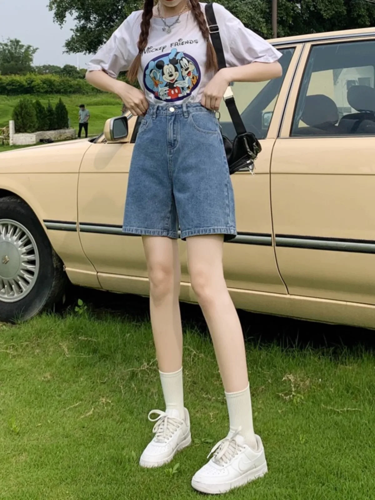 

High Waist Straight Leg Five-Quarter Jeans Women's Versatile Retro Summer New Trendy Loose Wide Leg ort Jeans Cotton Blend