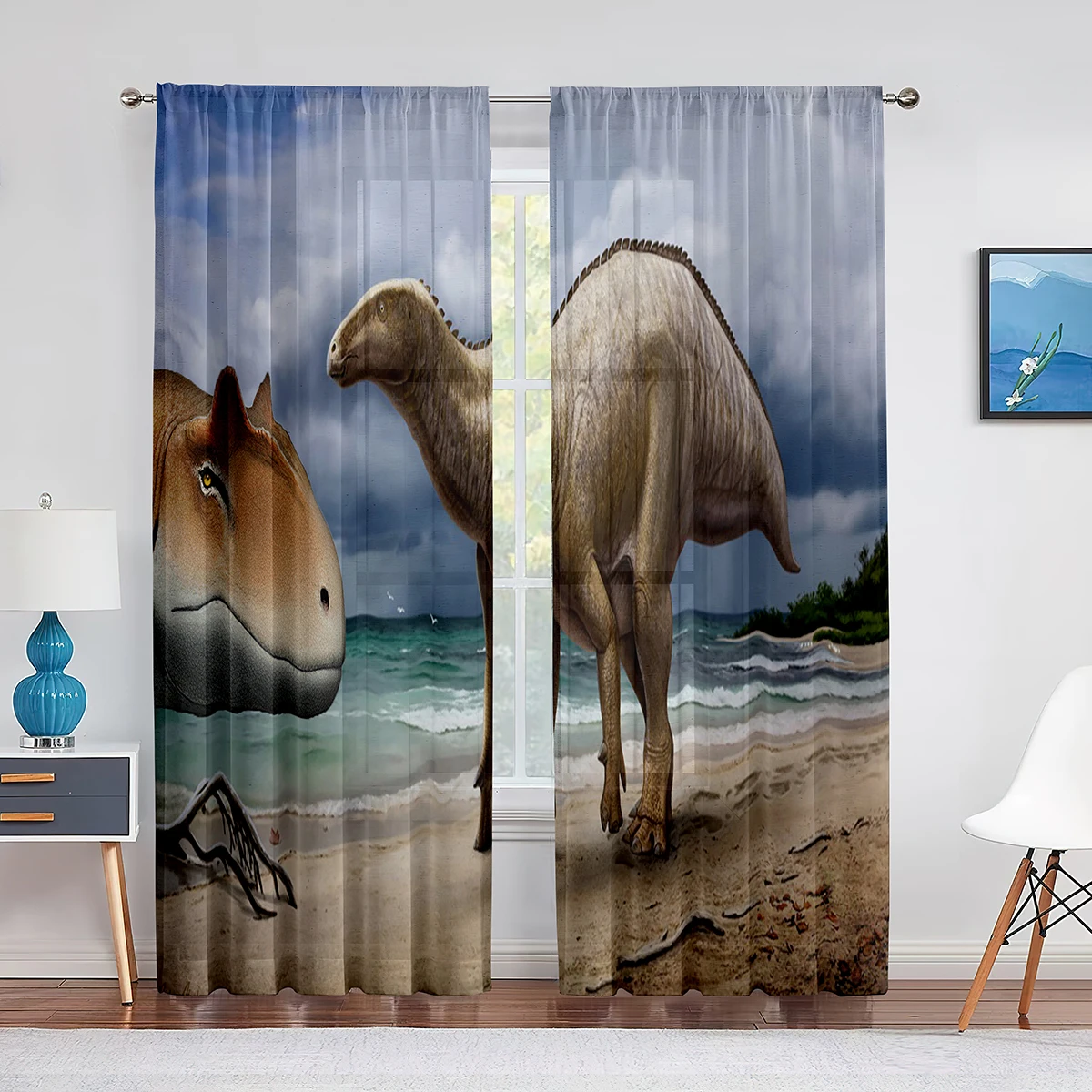 Jurassic Animals Jungle Dinosaur Trees Pattern Sheer Curtain for Living Room Window Children Bedroom Decor Tulle Voile Curtain
