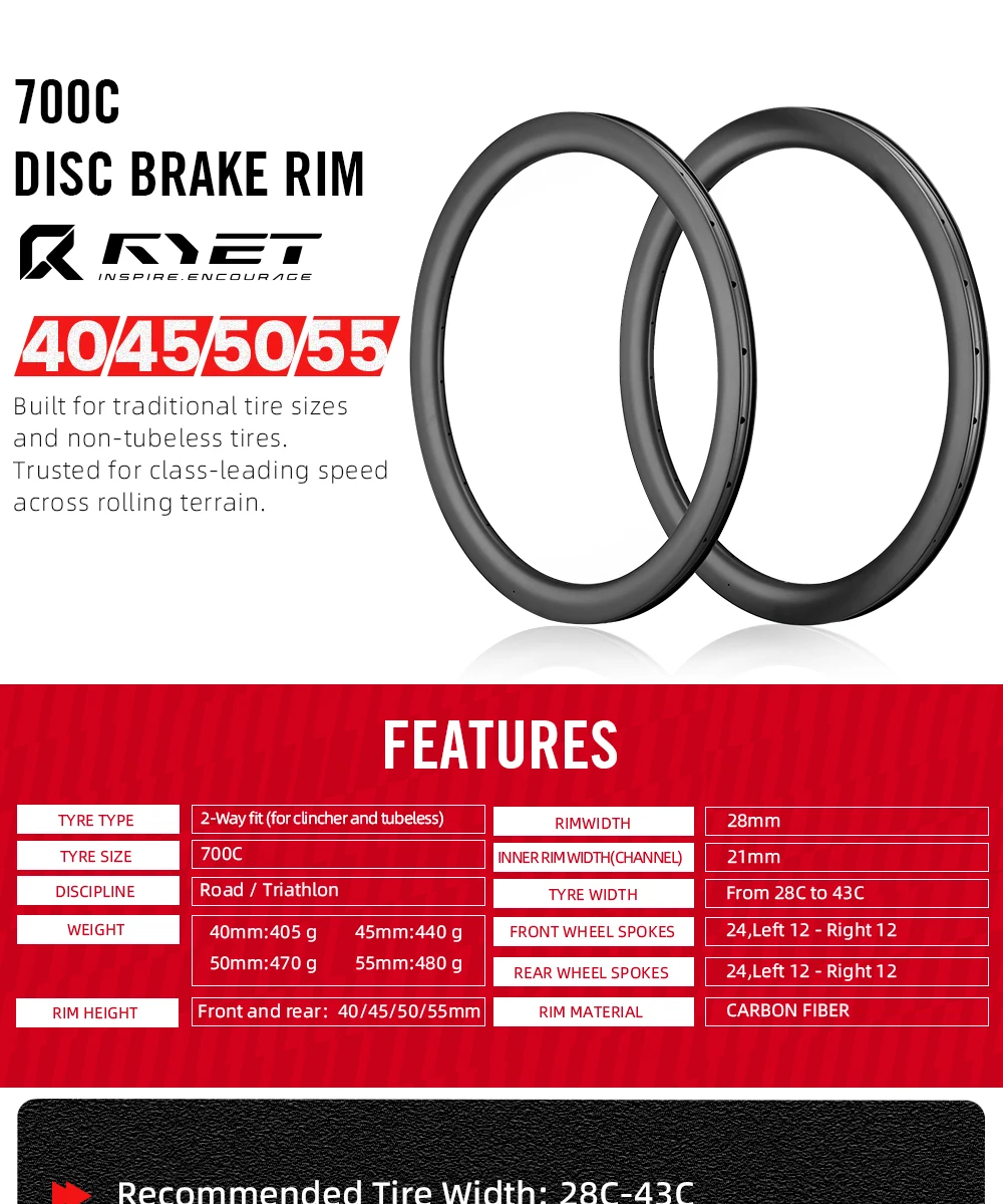 Jantes Carbone 700C Pour Vélo Route Frein à Disque RYET - 40/45/50/55 Mm, Largeur 28mm, Tubeless Prêt