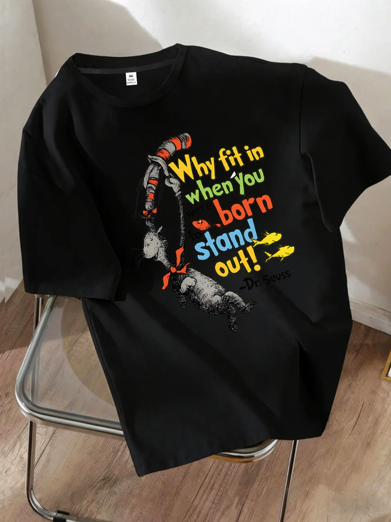 

[YJ00984]The Cat in the Hat Letter Print Plus Size Women's Crew Neck T-Shirt Summer Short Sleeve Top Fashionable Versatile