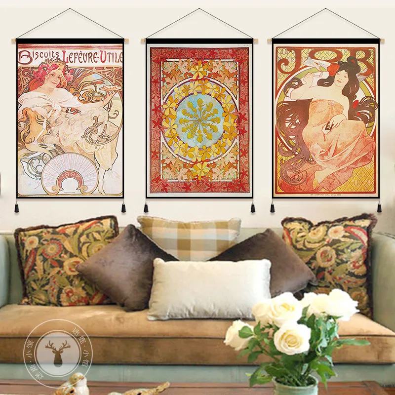 Vintage Wall Tapestry - European Mucha Style Artwork, Retro Bohemian Decor for Cafe and Hotel Lobby, Room Decor Aesthetic