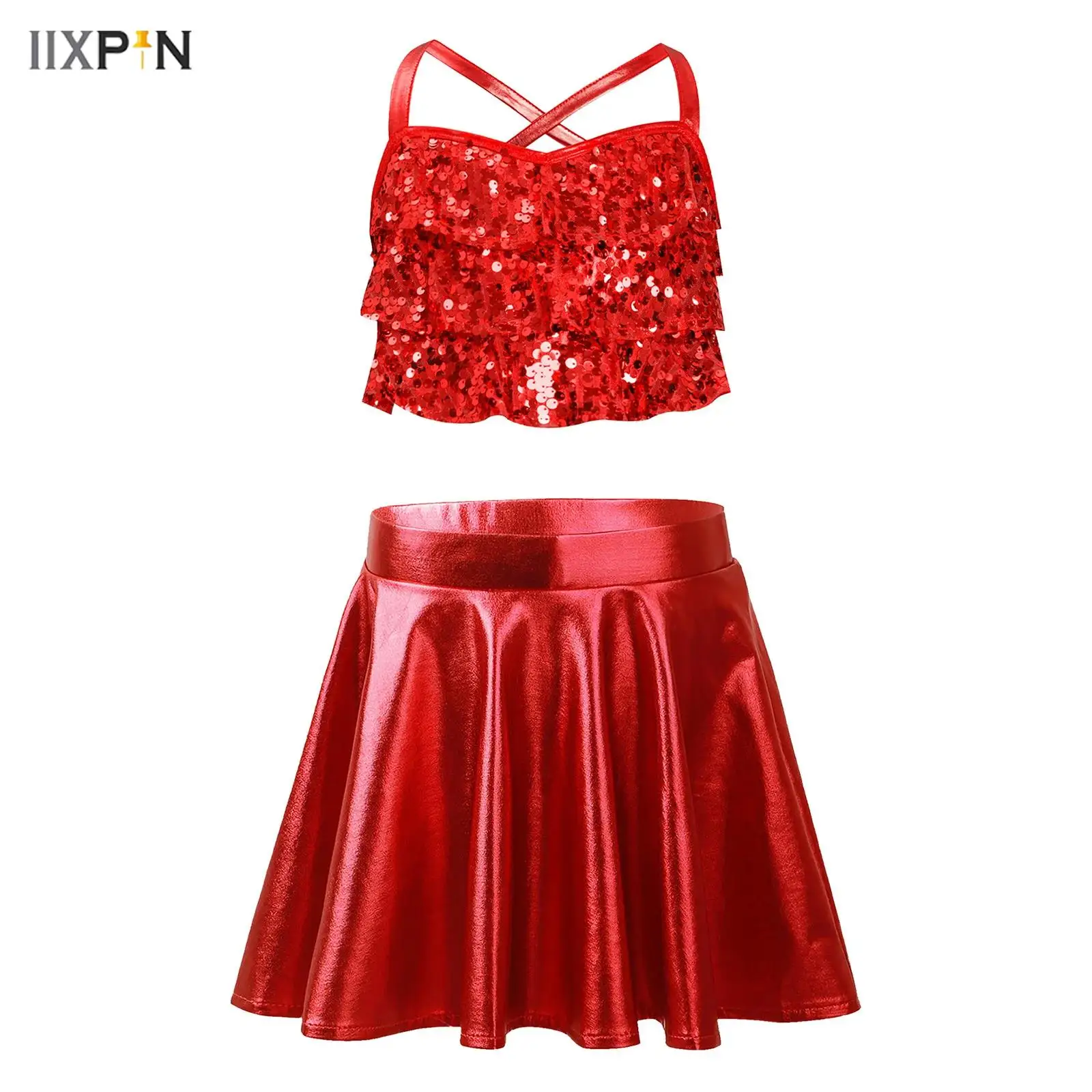 

Kids Girls Cheerleading Jazz Dance Costume Set Sleeveless Shiny Sequins Tiered Ruffles Crop Top+Metallic Skirt for Competition