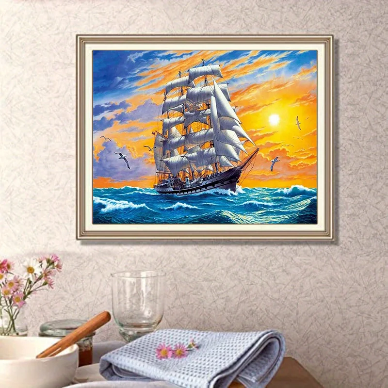 1pc DIY 5D Diamond Painting Full Diamond Sea ​​sailing Boat Diamond Painting,Handmade Home Art Gift Diamond Painting Kit