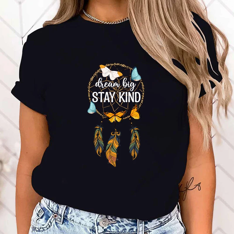 (Premium T-shirt)Dream Big Stay Kind Dreamcatcher Print Summer Casual T-Shirts For Women Creative O Neck Short-Sleeved T-Shirts