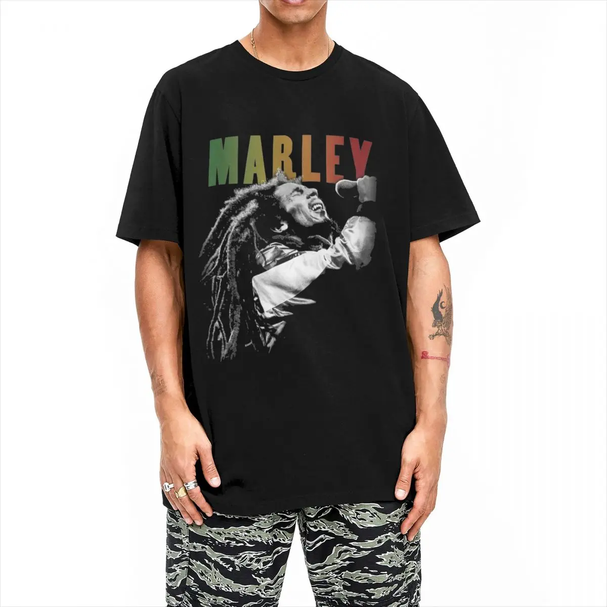 Bob Marley Reggae T-Shirt Men's Cotton Tops Printed Rasta Music Crewneck Short Sleeve