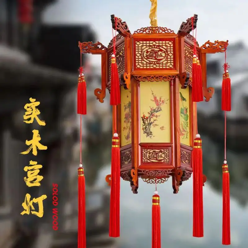 Hexagonal court wind palace lanterns Spring Festival antique gate flowers imitation sheepskin painted