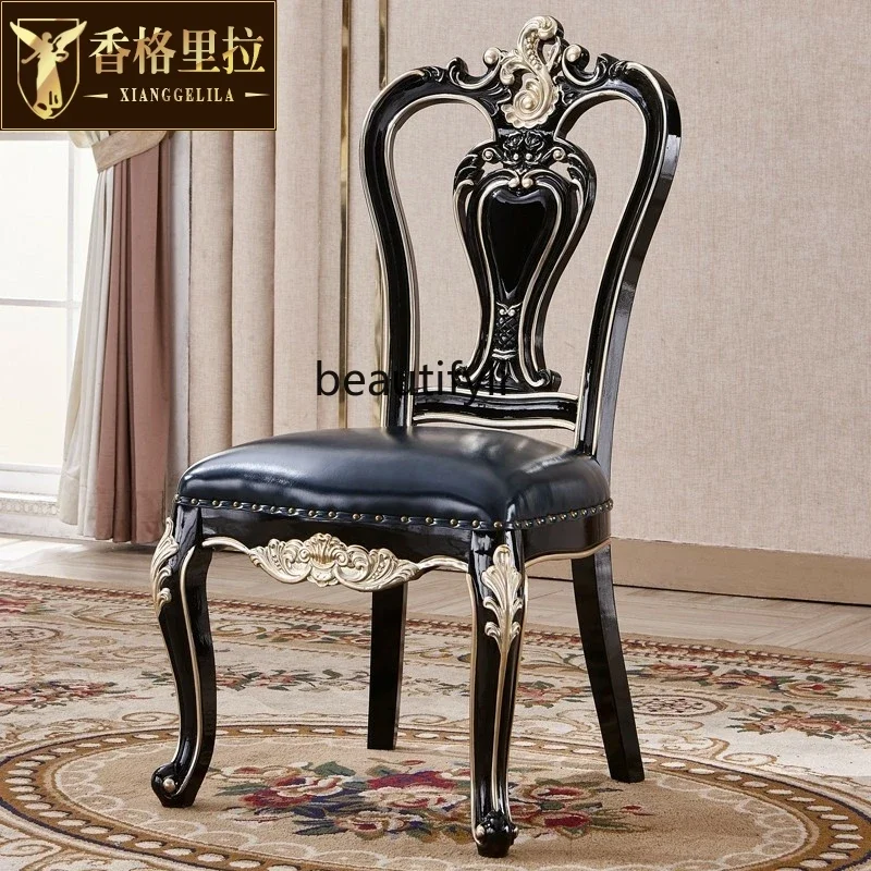 

B03 European dining chair, all solid wood double-sided carved top leather dining chair hotel dining chair