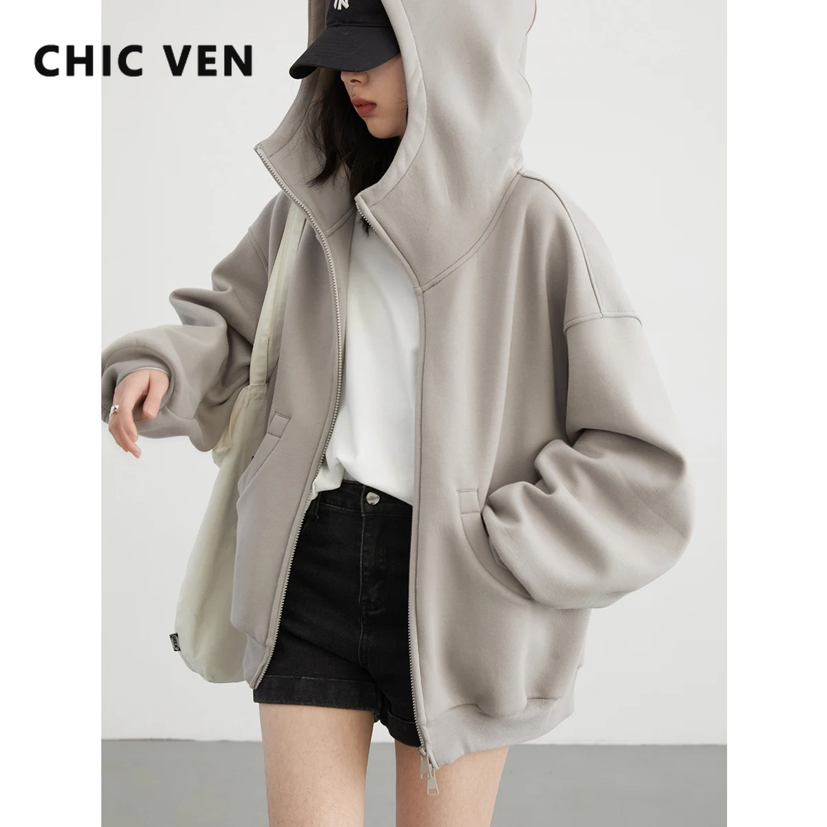 CHIC VEN Women Sweatshirts Loose Casual Hooded Long Sleeves with Plush Sweater Double Zipper Oversize Coat Spring Autumn 2024