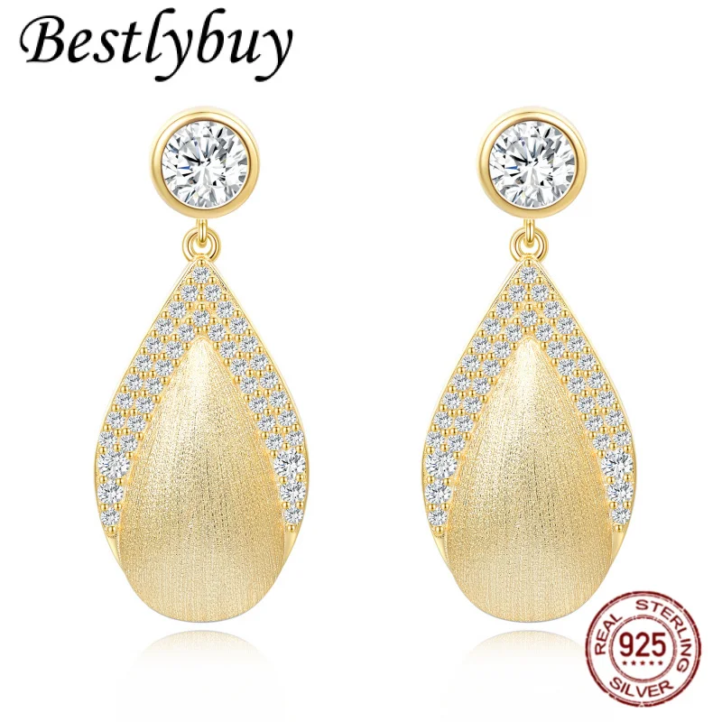

S925 Pure Silver Gold-plated Retro Brushed Moissanite Teardrop Shaped Women's Earrings Women's Light Luxury Gift