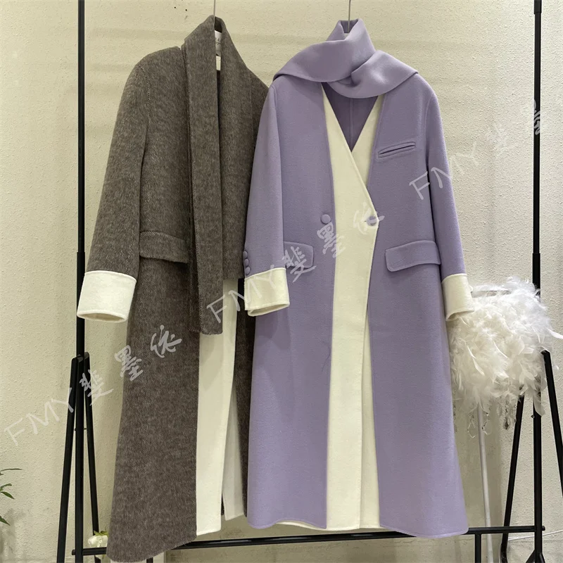 RosEvans False Two-piece Double-sided Women Long Cashmere Coat New Autumn Winter Thick Wool Elegant Woolen V-neck Women Jacket