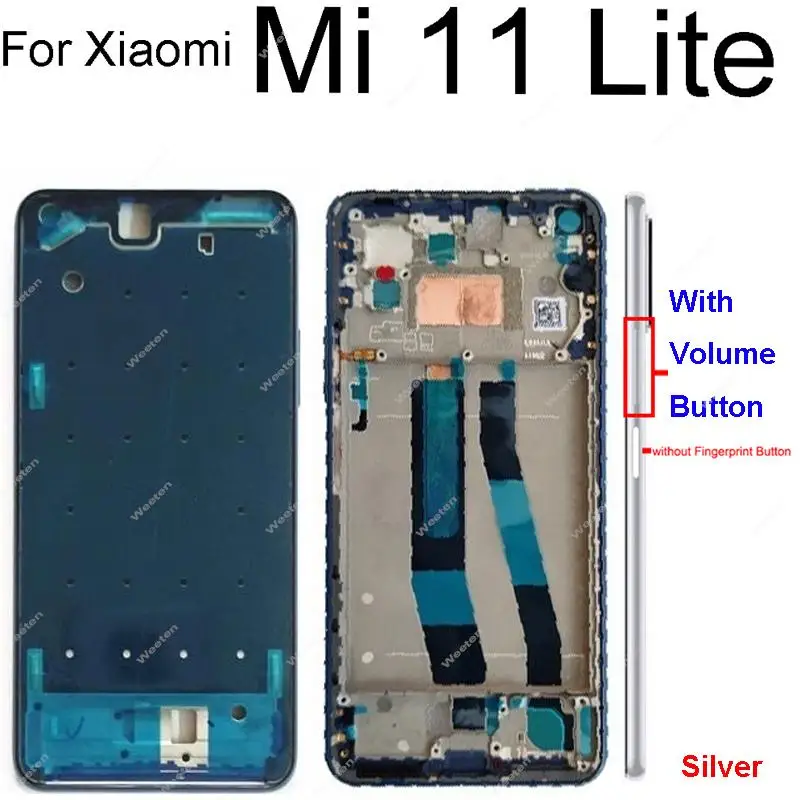 Rumahan bingkai Tengah untuk Xiaomi Mi 11 Lite 11 Lite 5G NE, pelat dudukan Bezel tengah belakang dengan tombol Volume, suku cadang perbaikan