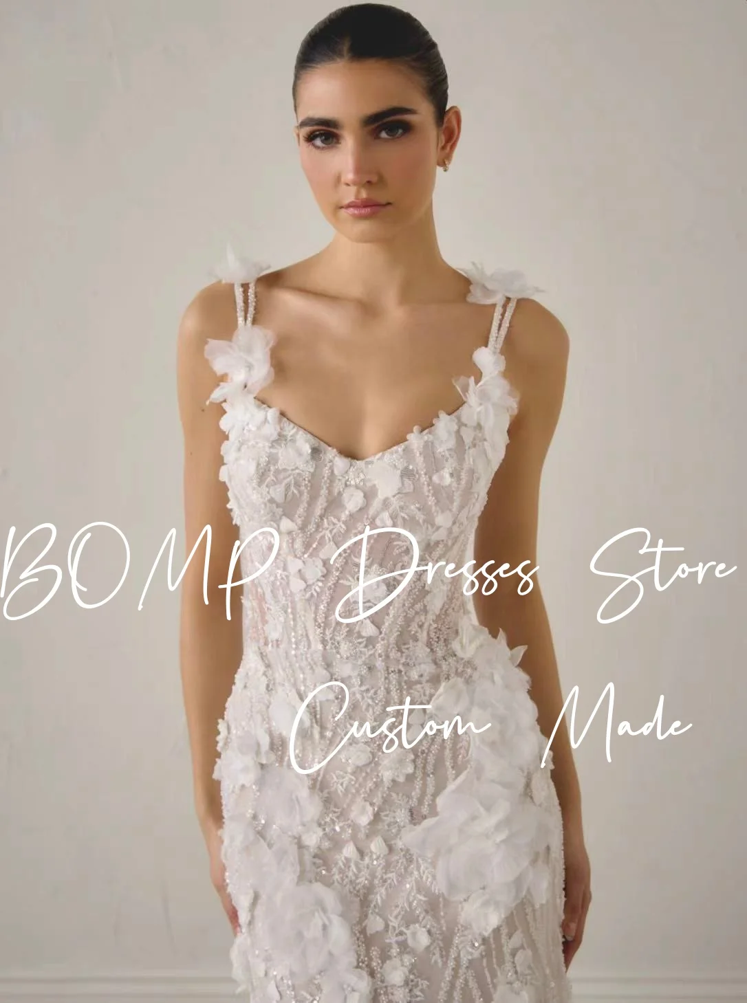 BOMP Exquisite 3D Flowers Mermaid Wedding Party Dress V-Neck Straps Sweep Train Bridal Gown Customized Vestidos De Novia New