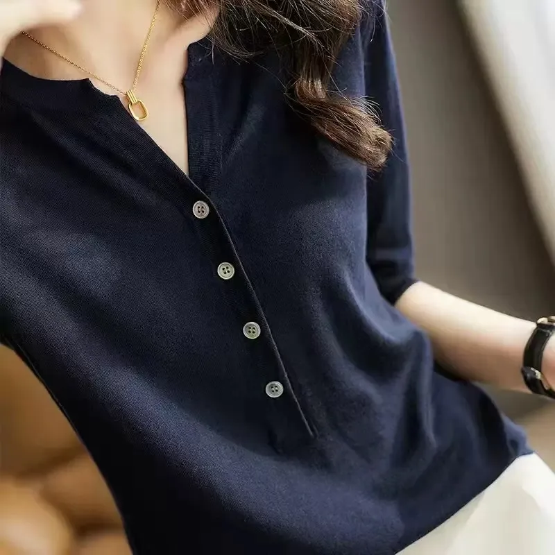 

Lightweight Mid-Sve V-Ne T-irt Women's Original Tag Cut Knittedwear Breathable Comfortable Polyester Fiber Summer Top