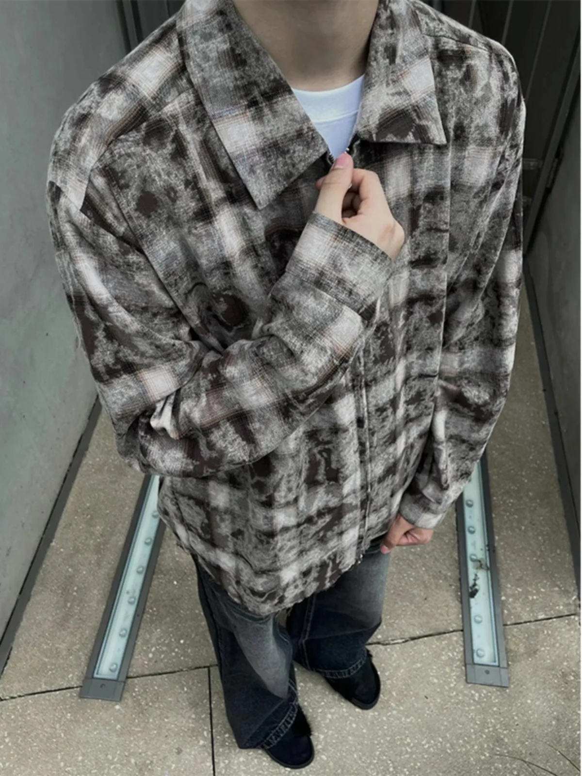 

Cleanfit Plaid irt Men's Spring Autumn American Retro Zipper Long Sve irt Jiangsu anghai Outerwear Casual Loose Fit