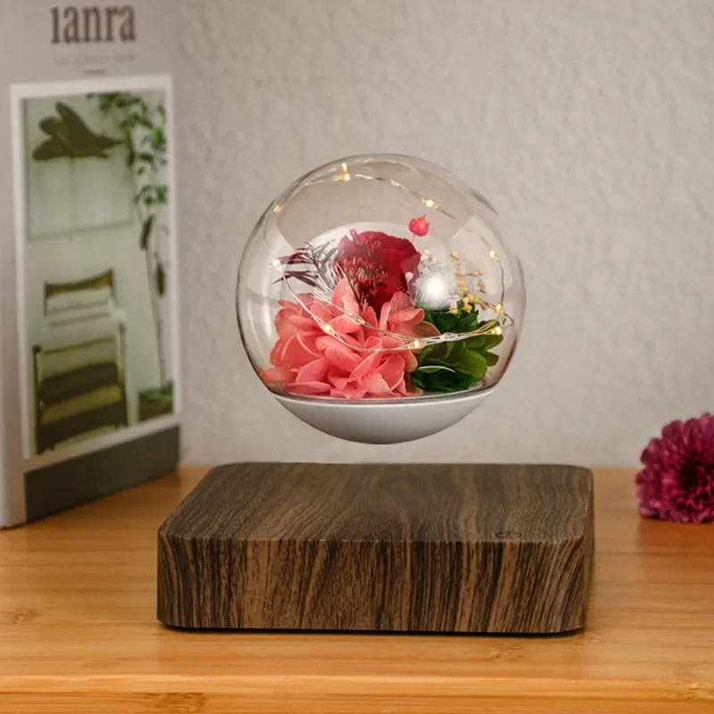 Eternal Flower, Maglev Glass Cover with Light, Desktop Ornament, Home Decoration, 12V1A, Rotating Illumination, Dried Flowers