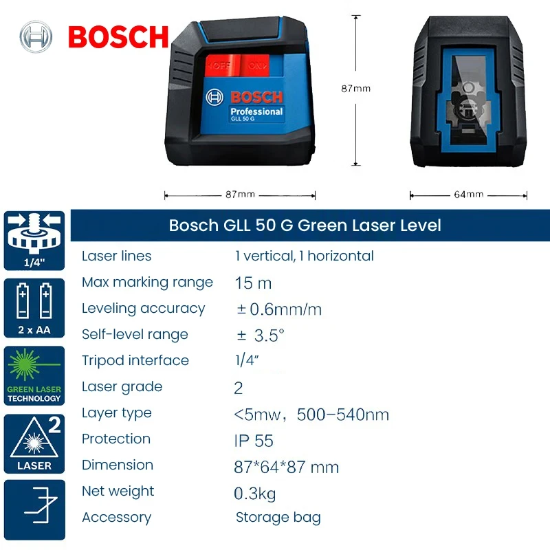 Bosch Line Laser GLL 50 G Green Laser Lines Marking Instrument Leveling Wiring Vertical and Horizontal Lines Precise Clear