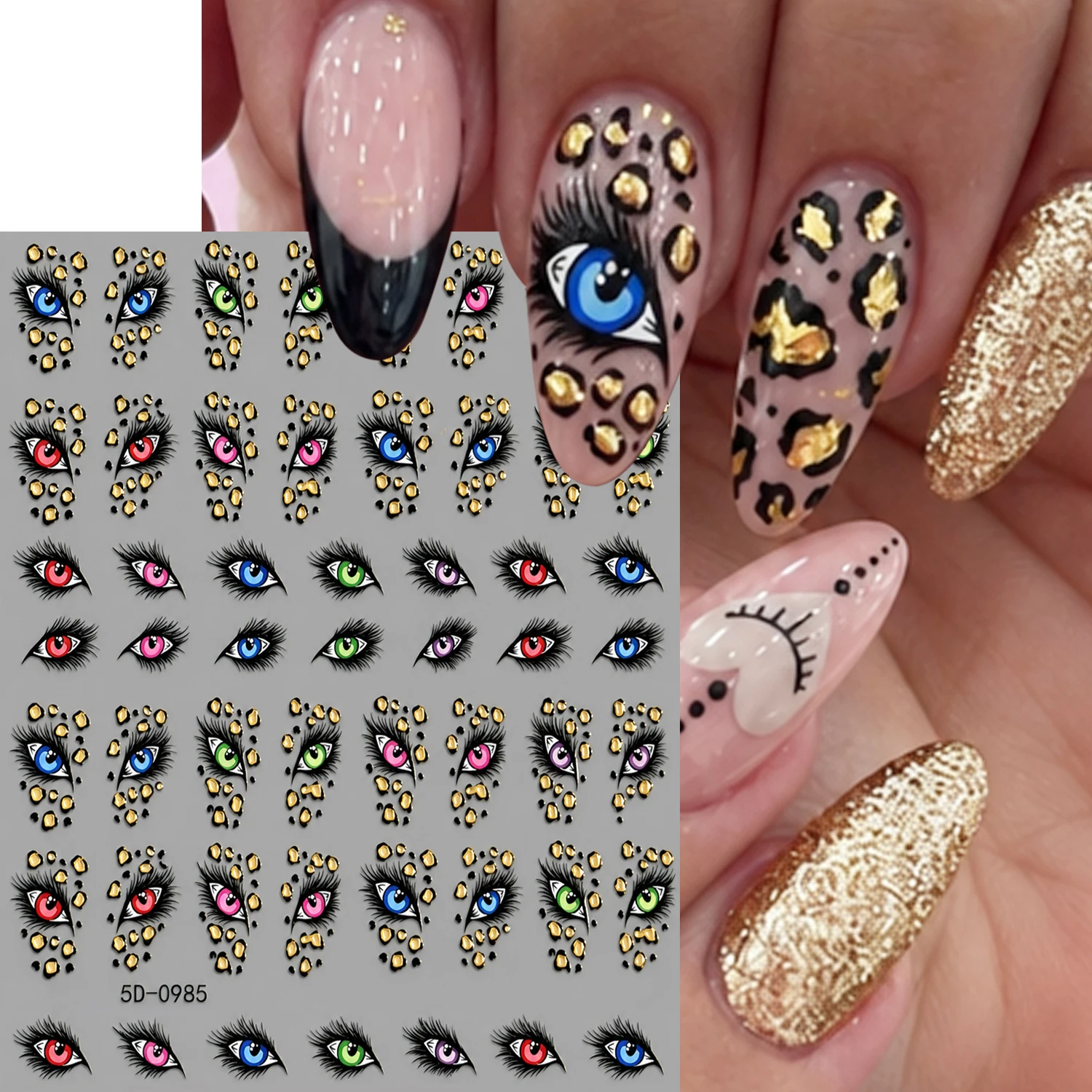 1Pcs Leopard Print Mystic Eye Nail Stickers Long Lash Eyes Sexy Leopards Self Adhesive Nails Decals Autumn Winter Manicure Decor